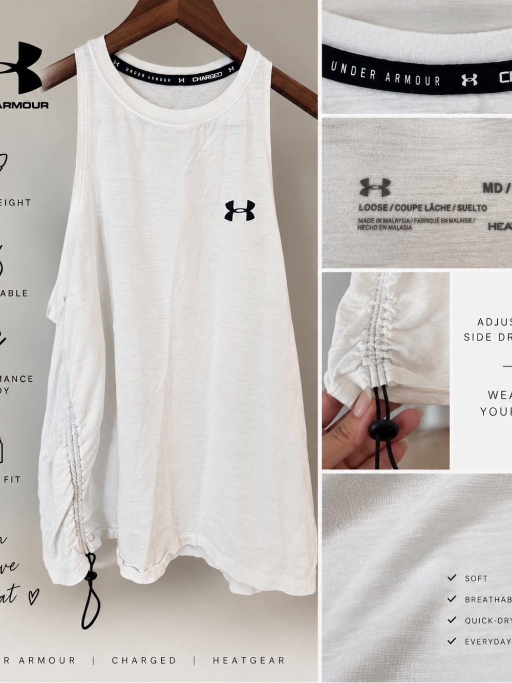 Under Armour Womenโs HeatGear White Ruched Drawstring Tank Top M